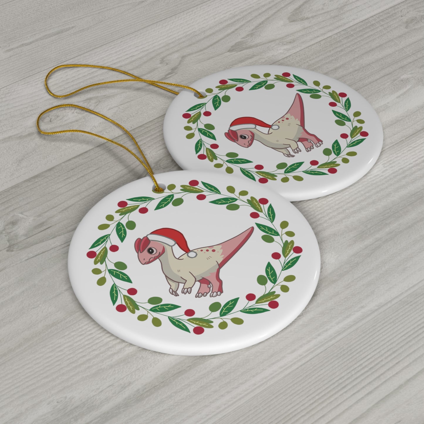 Holiday Sunrise Dilophosaurus - Ceramic Ornament - Wreath Edition