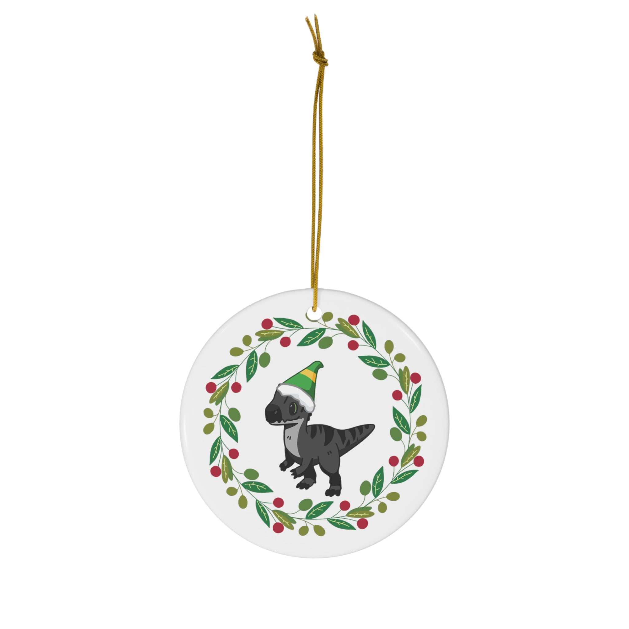 Holiday Melanistic Allosaurus Ceramic Ornament - Wreath Edition