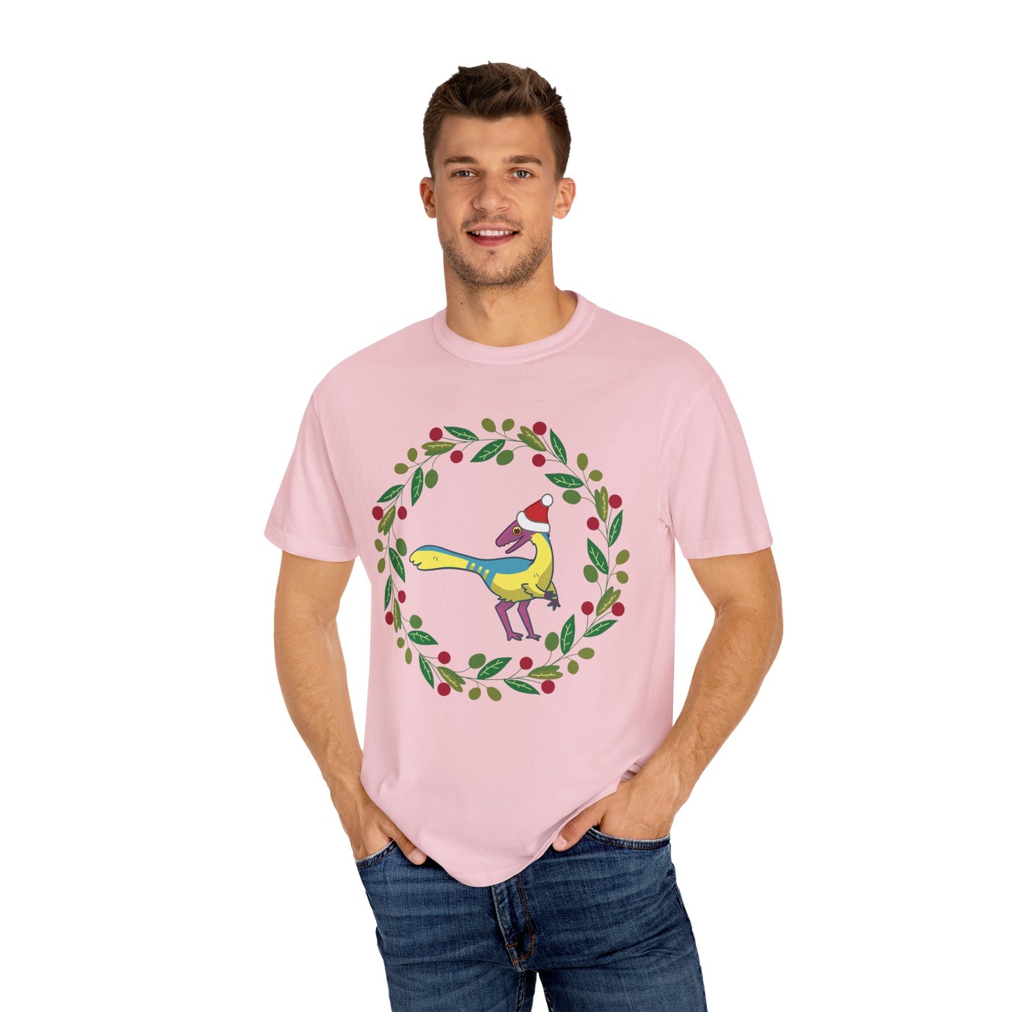 Pansexual Pride Holiday Compsognathus T-Shirt - Festive Wreath Edition