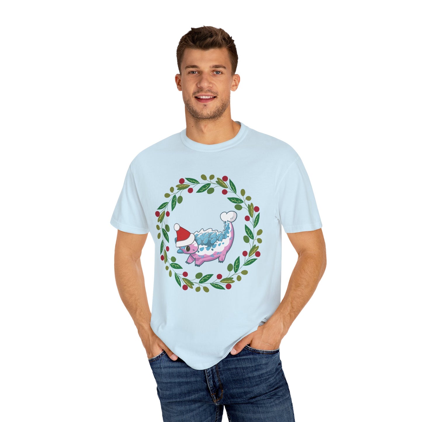 Trans Pride Holiday Ankylosaurus T-Shirt - Festive Wreath Edition