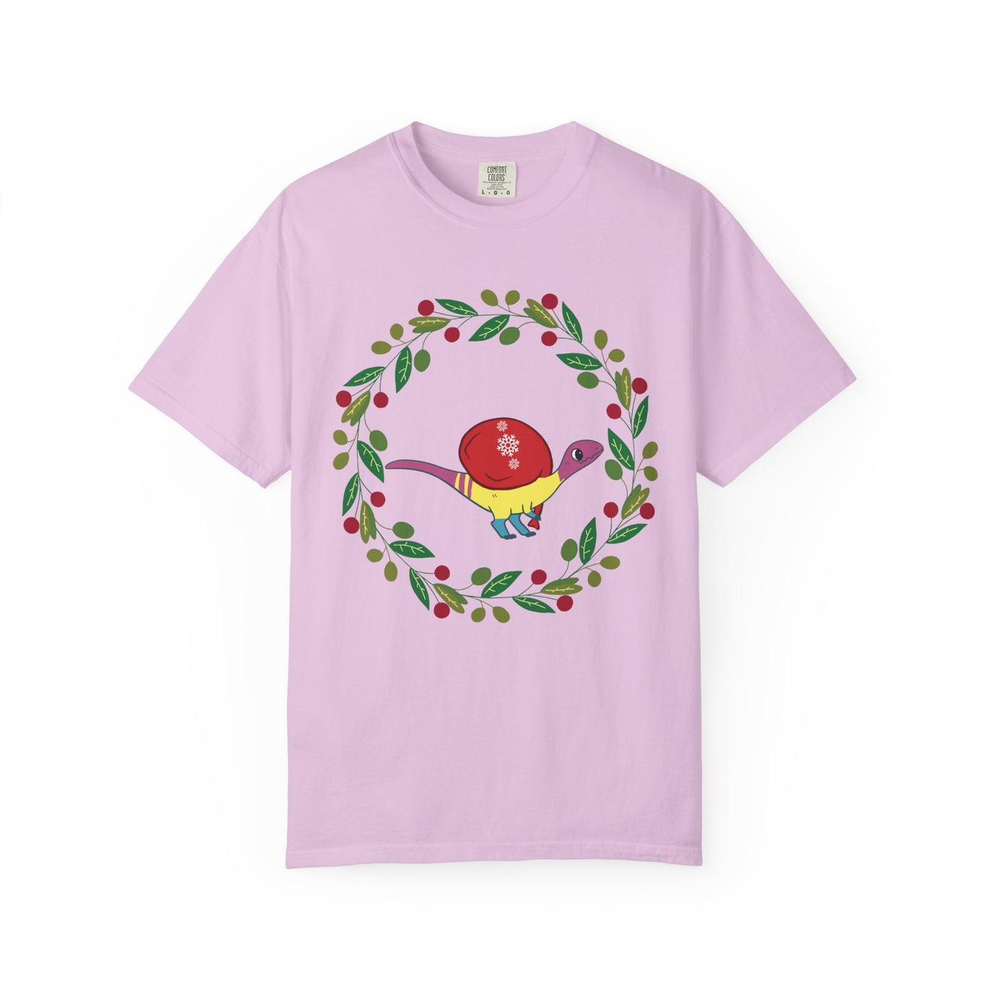 Pansexual Pride Holiday Coelophysis T-Shirt - Festive Wreath Edition