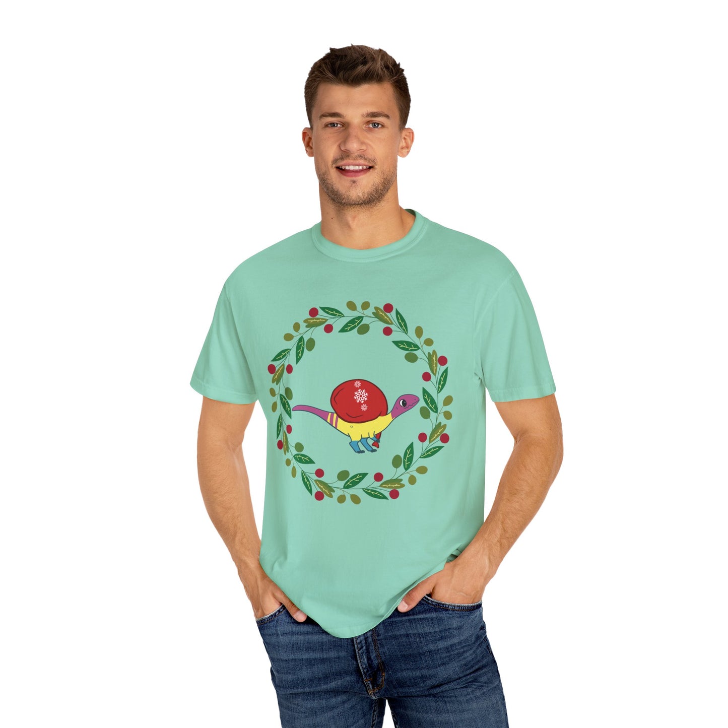 Pansexual Pride Holiday Coelophysis T-Shirt - Festive Wreath Edition