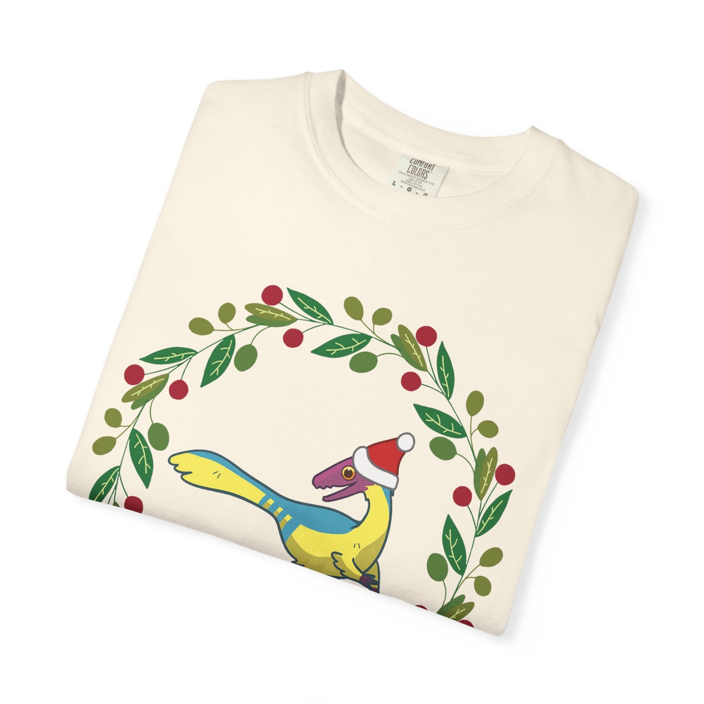 Pansexual Pride Holiday Compsognathus T-Shirt - Festive Wreath Edition