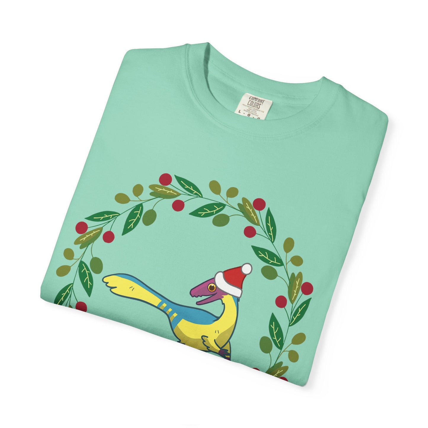 Pansexual Pride Holiday Compsognathus T-Shirt - Festive Wreath Edition