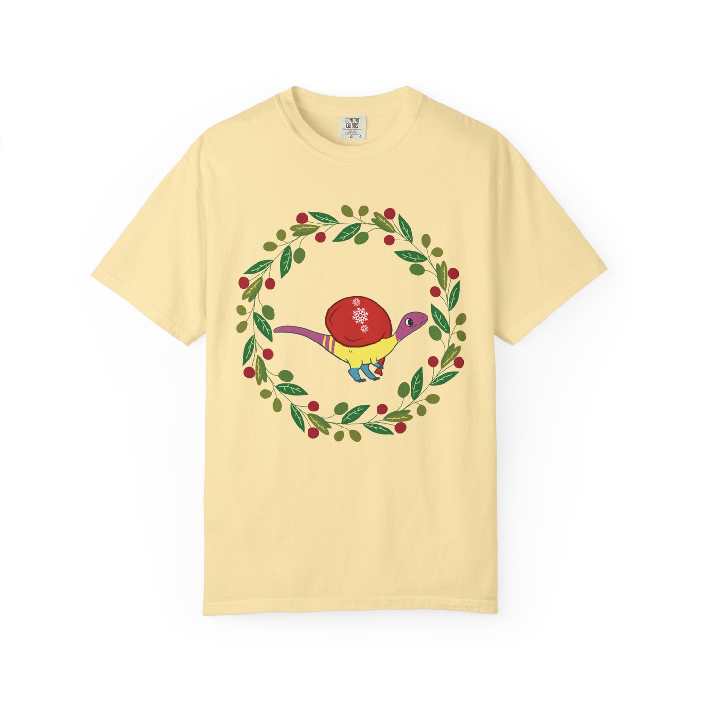 Pansexual Pride Holiday Coelophysis T-Shirt - Festive Wreath Edition