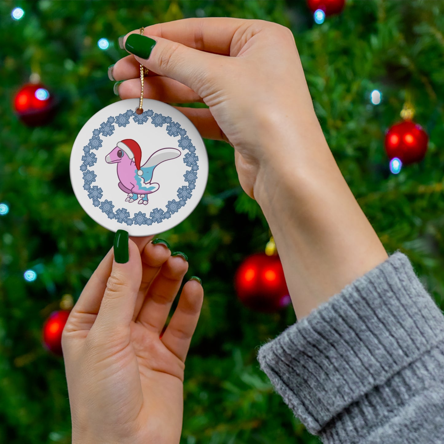 Holiday Trans Pride Velociraptor Ornament - Snowflake Edition