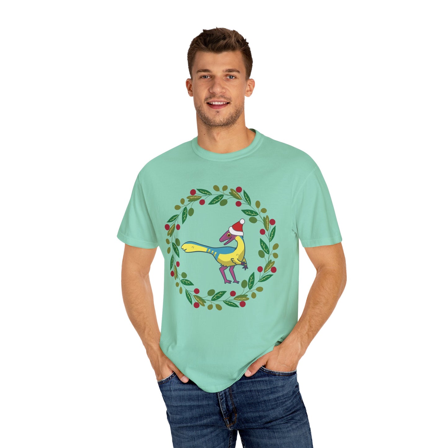 Pansexual Pride Holiday Compsognathus T-Shirt - Festive Wreath Edition