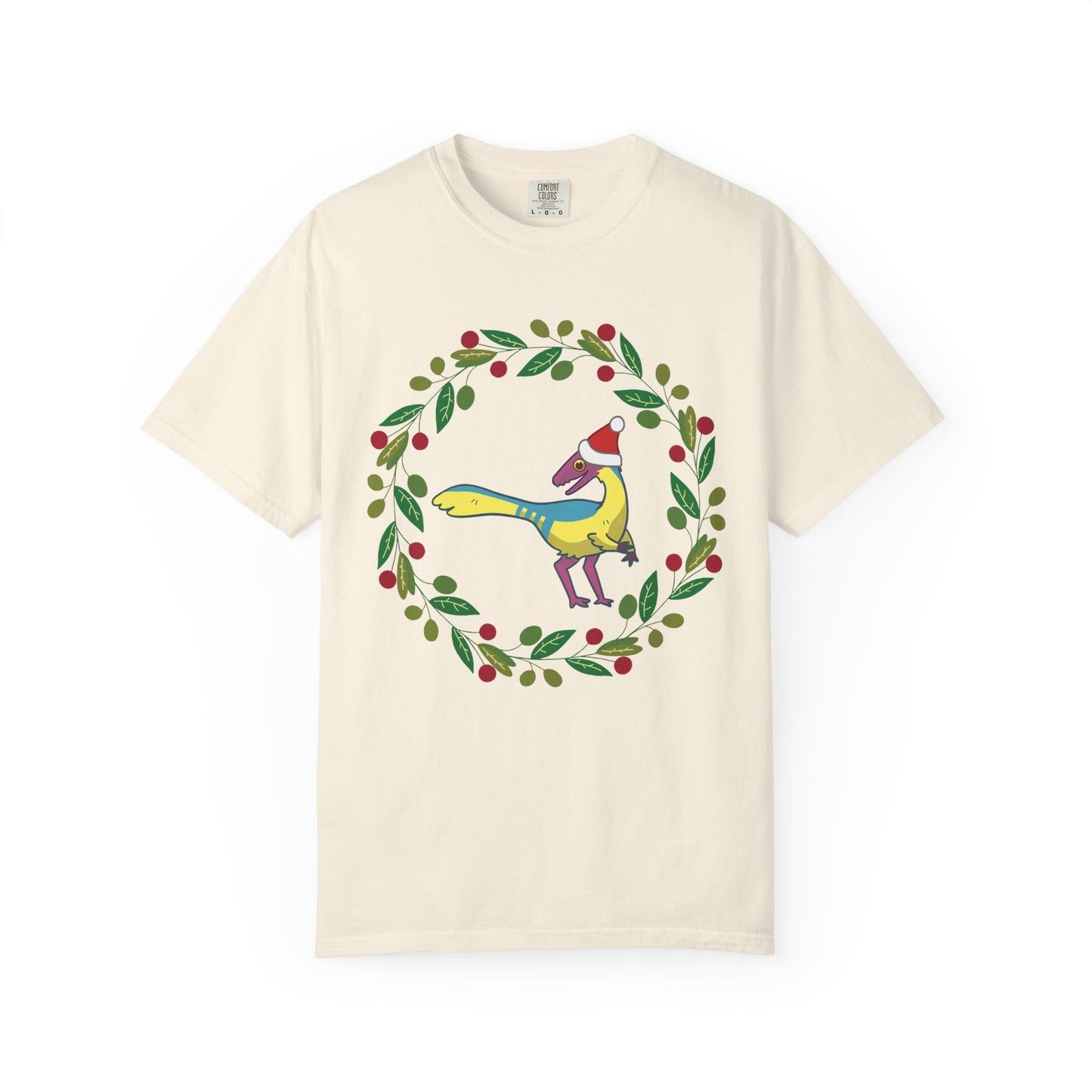 Pansexual Pride Holiday Compsognathus T-Shirt - Festive Wreath Edition