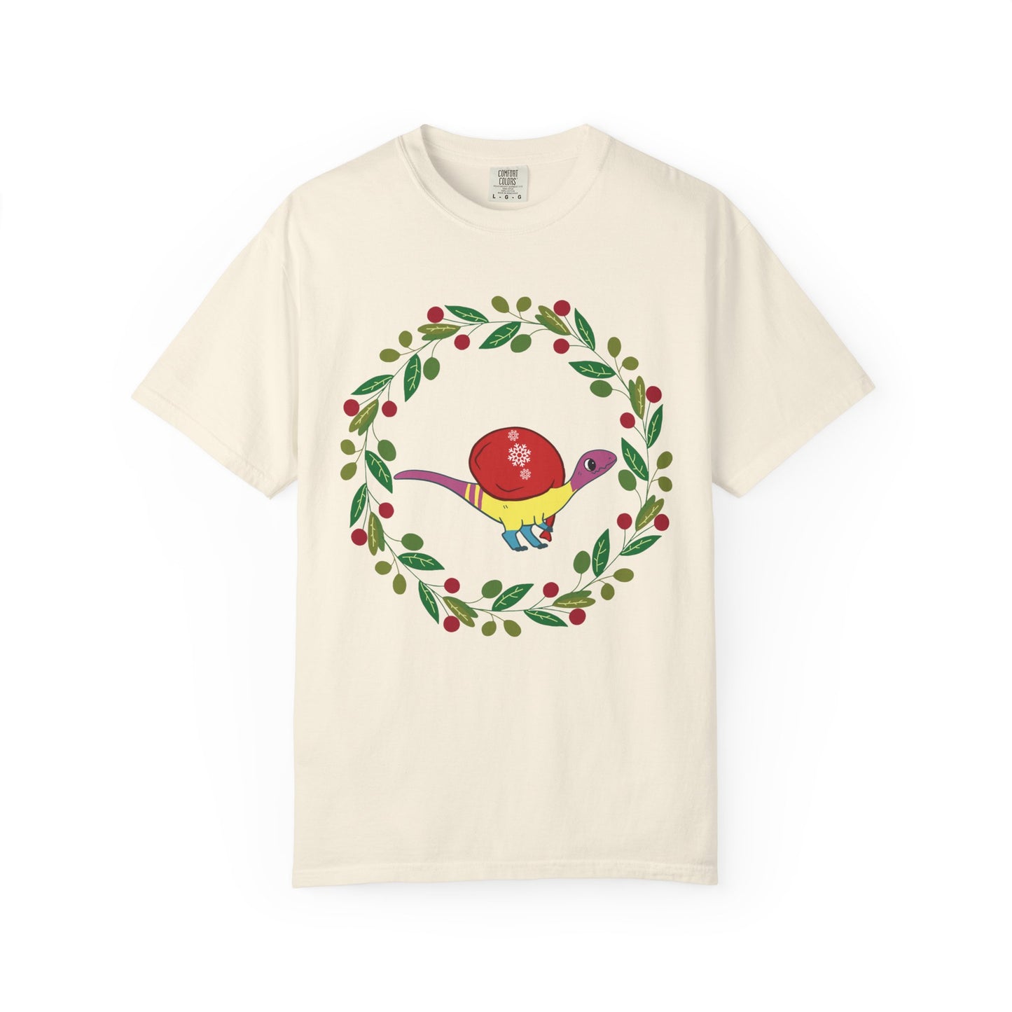 Pansexual Pride Holiday Coelophysis T-Shirt - Festive Wreath Edition