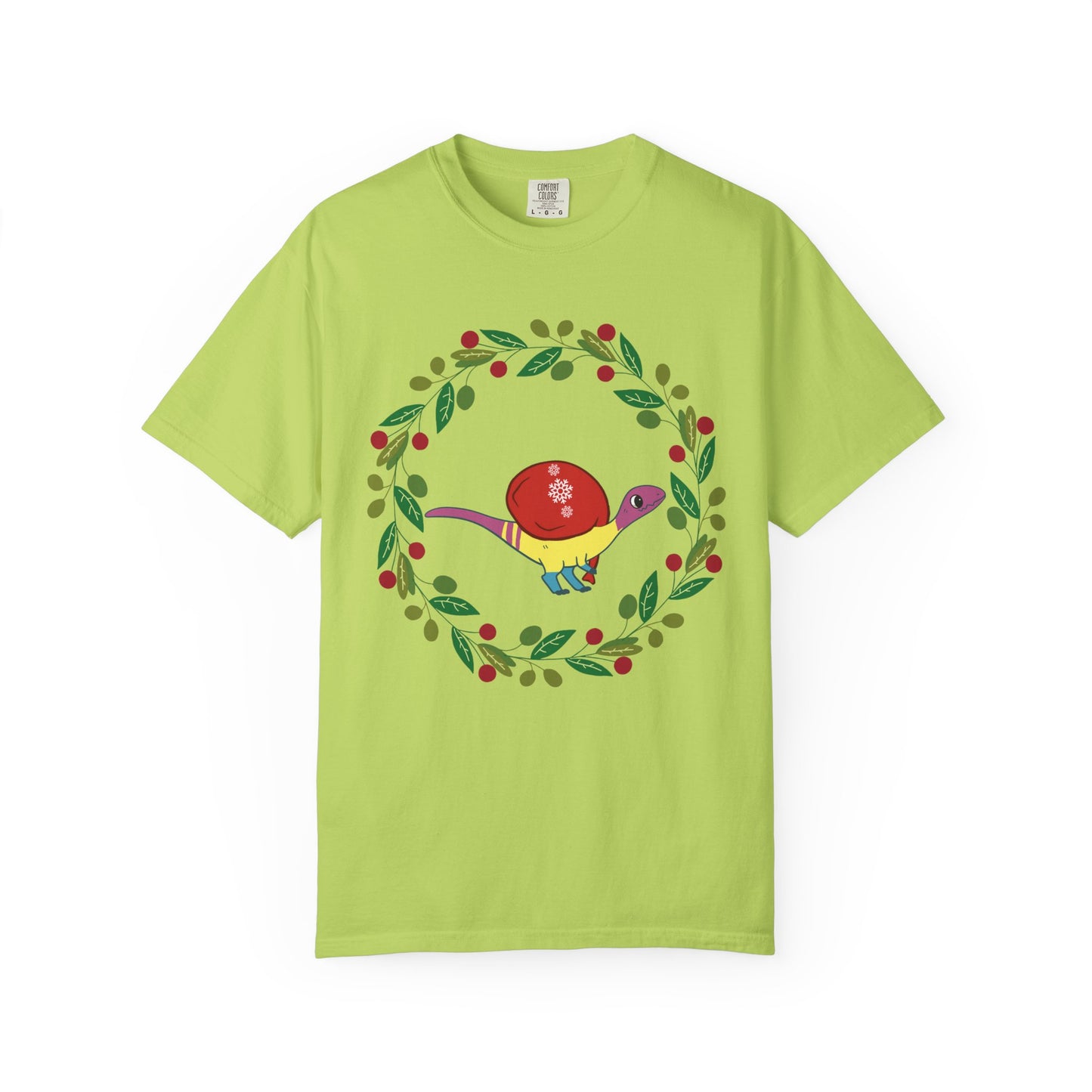 Pansexual Pride Holiday Coelophysis T-Shirt - Festive Wreath Edition