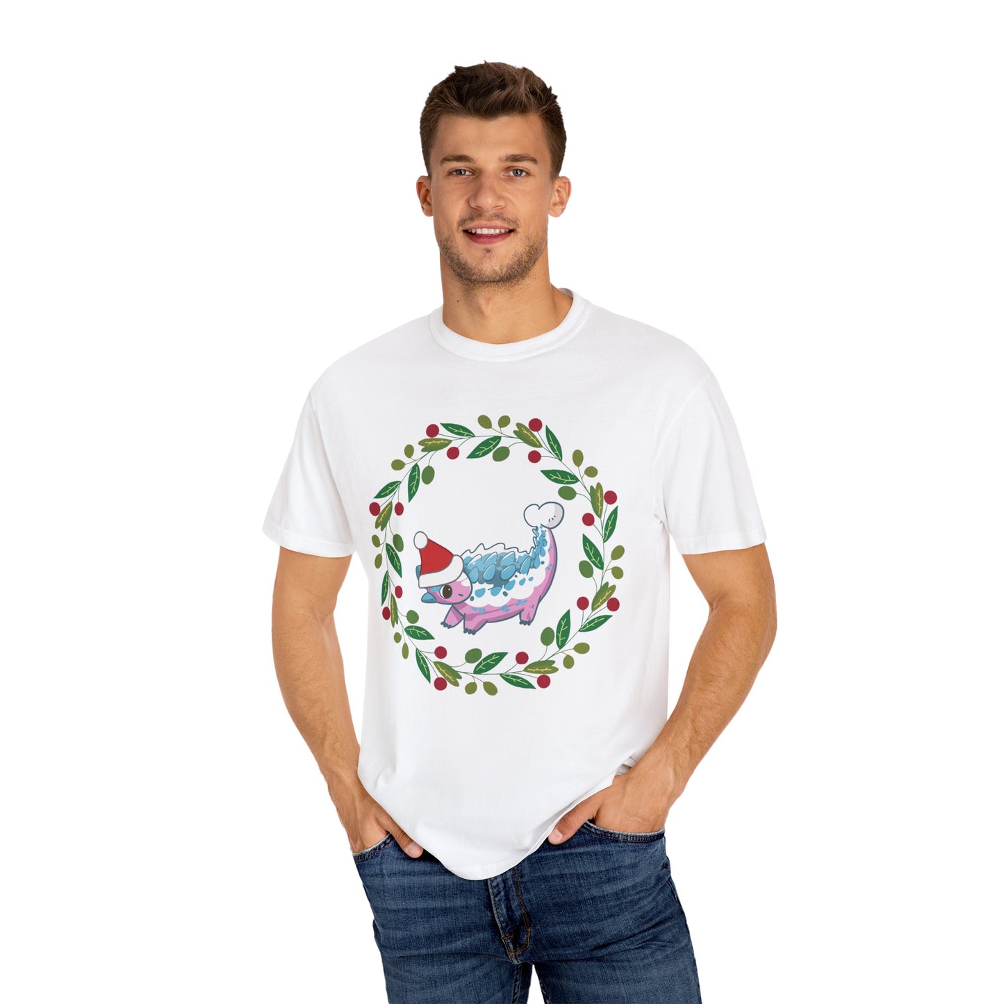 Trans Pride Holiday Ankylosaurus T-Shirt - Festive Wreath Edition