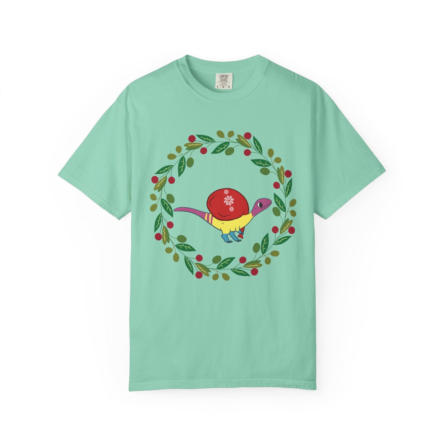 Pansexual Pride Holiday Coelophysis T-Shirt - Festive Wreath Edition