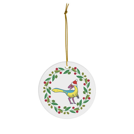 Holiday Pansexual Pride Compsognathus Ceramic Ornament - Wreath Edition