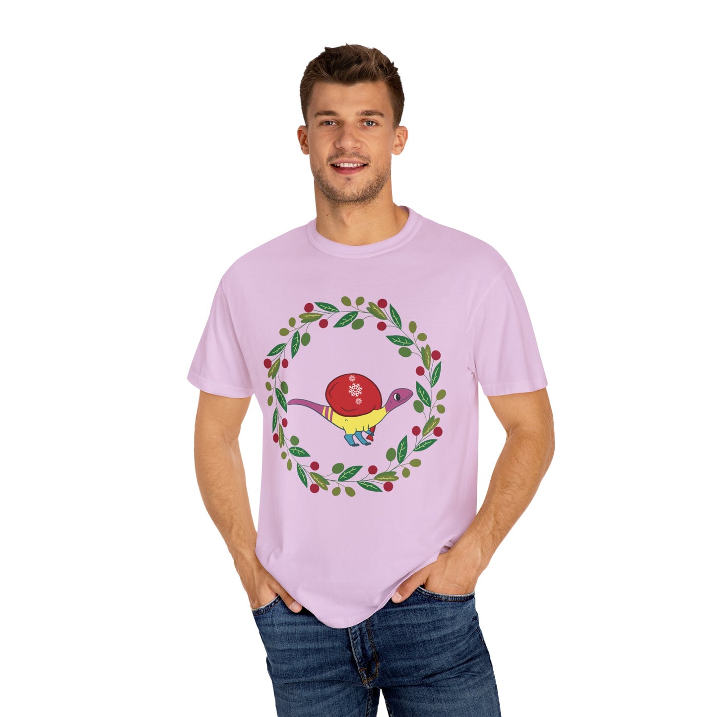Pansexual Pride Holiday Coelophysis T-Shirt - Festive Wreath Edition