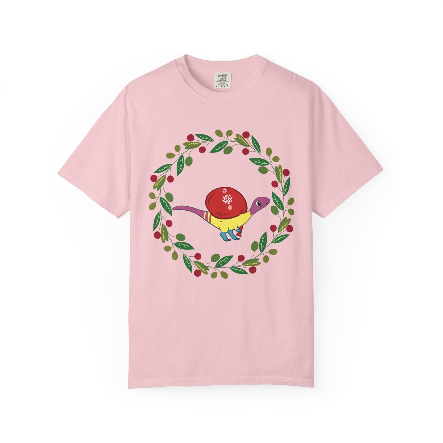 Pansexual Pride Holiday Coelophysis T-Shirt - Festive Wreath Edition