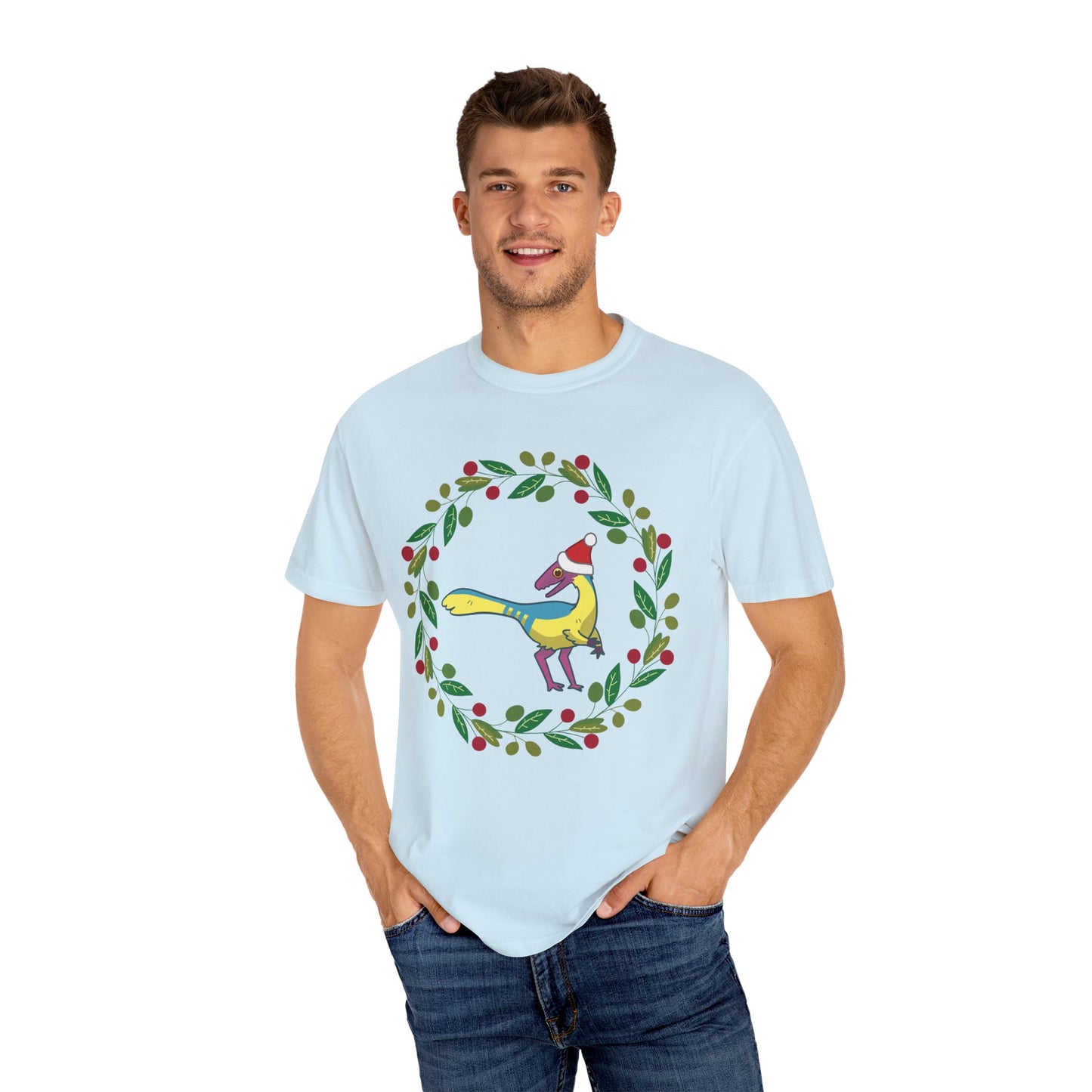 Pansexual Pride Holiday Compsognathus T-Shirt - Festive Wreath Edition