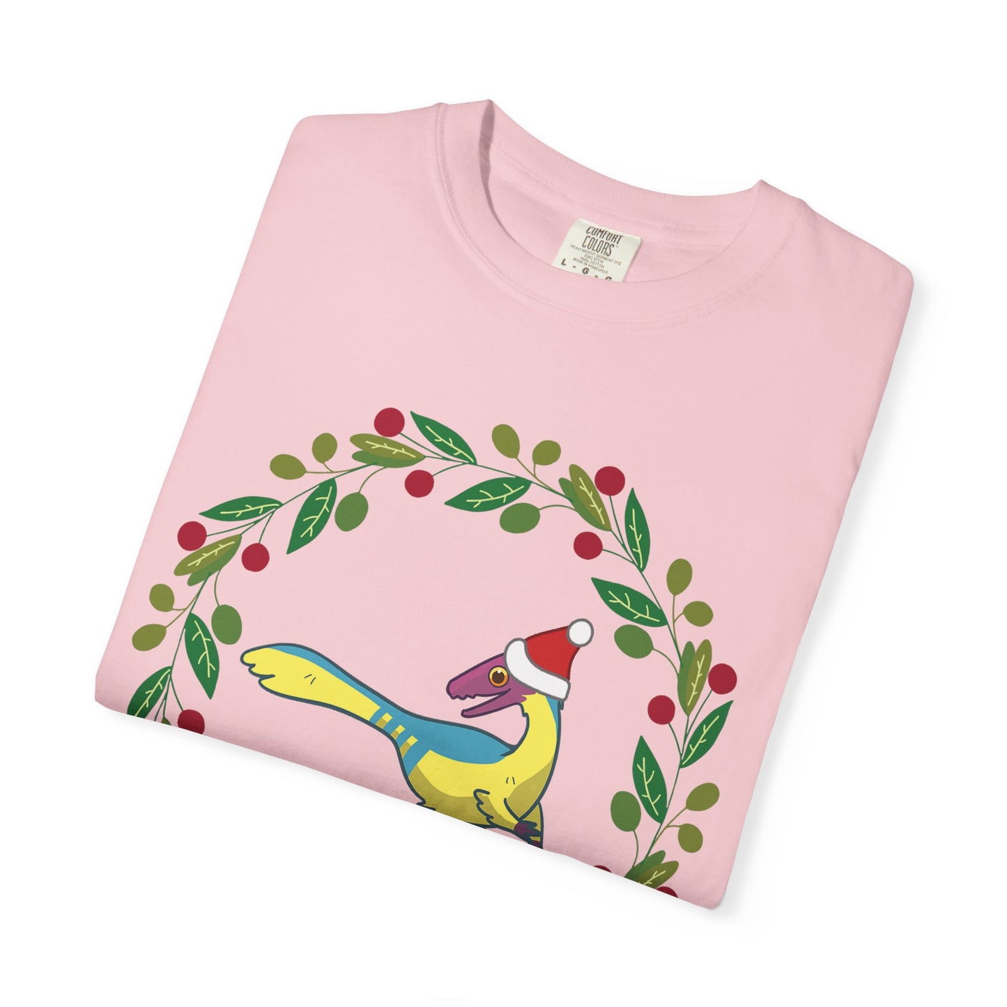 Pansexual Pride Holiday Compsognathus T-Shirt - Festive Wreath Edition