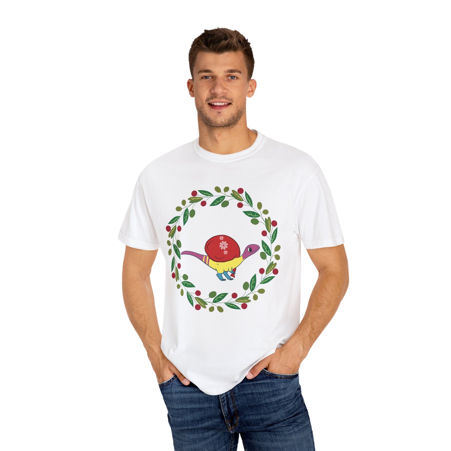 Pansexual Pride Holiday Coelophysis T-Shirt - Festive Wreath Edition