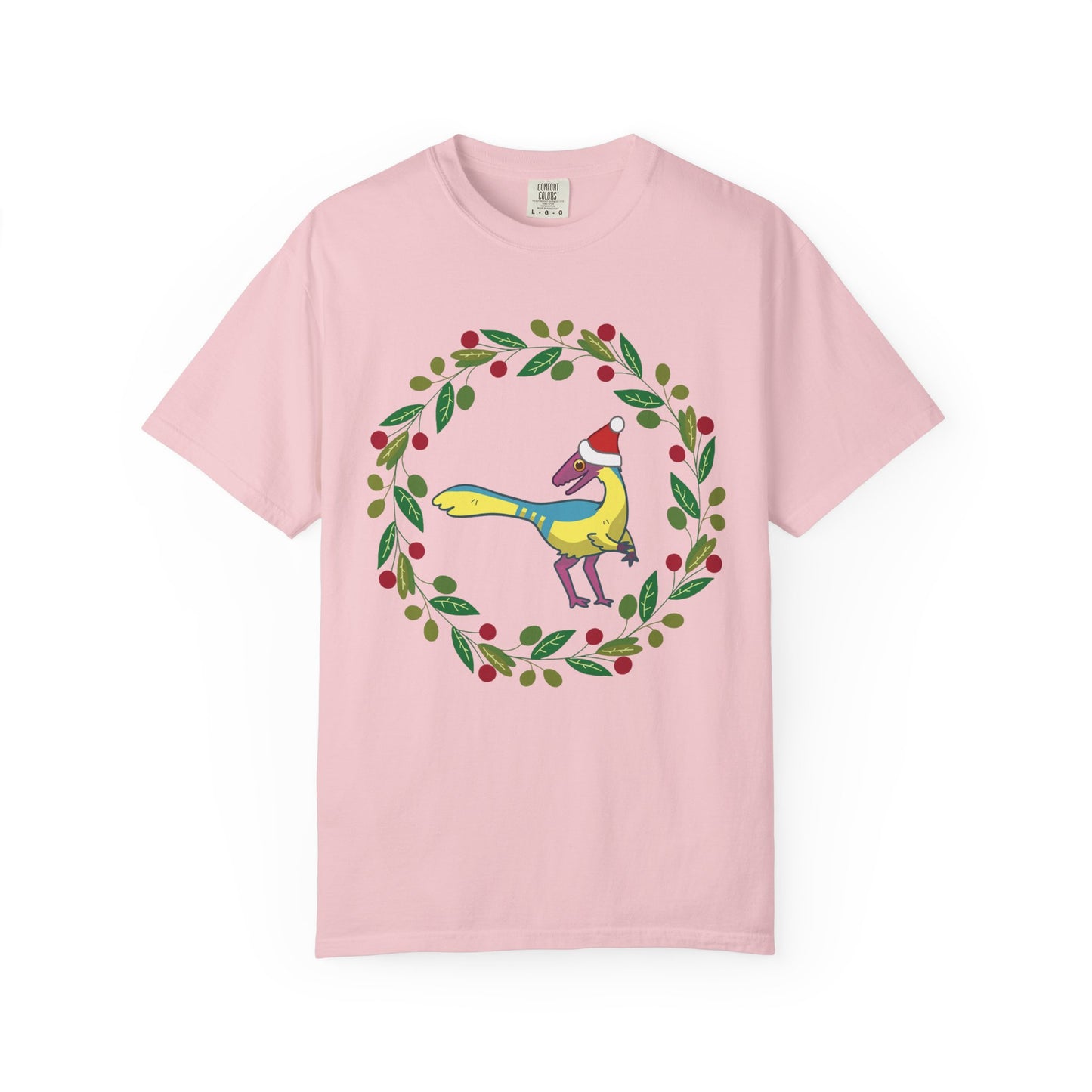 Pansexual Pride Holiday Compsognathus T-Shirt - Festive Wreath Edition