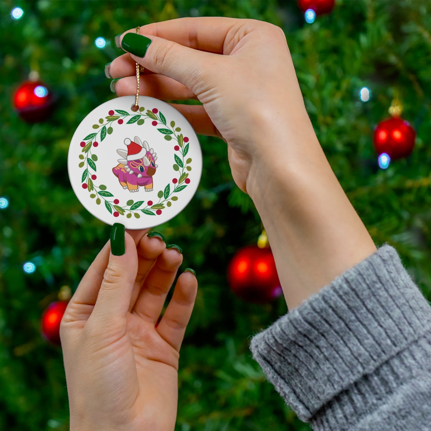 Holiday Lesbian Pride Styracosaurus Ornament - Wreath Edition