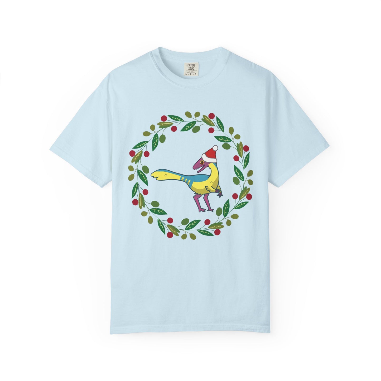 Pansexual Pride Holiday Compsognathus T-Shirt - Festive Wreath Edition