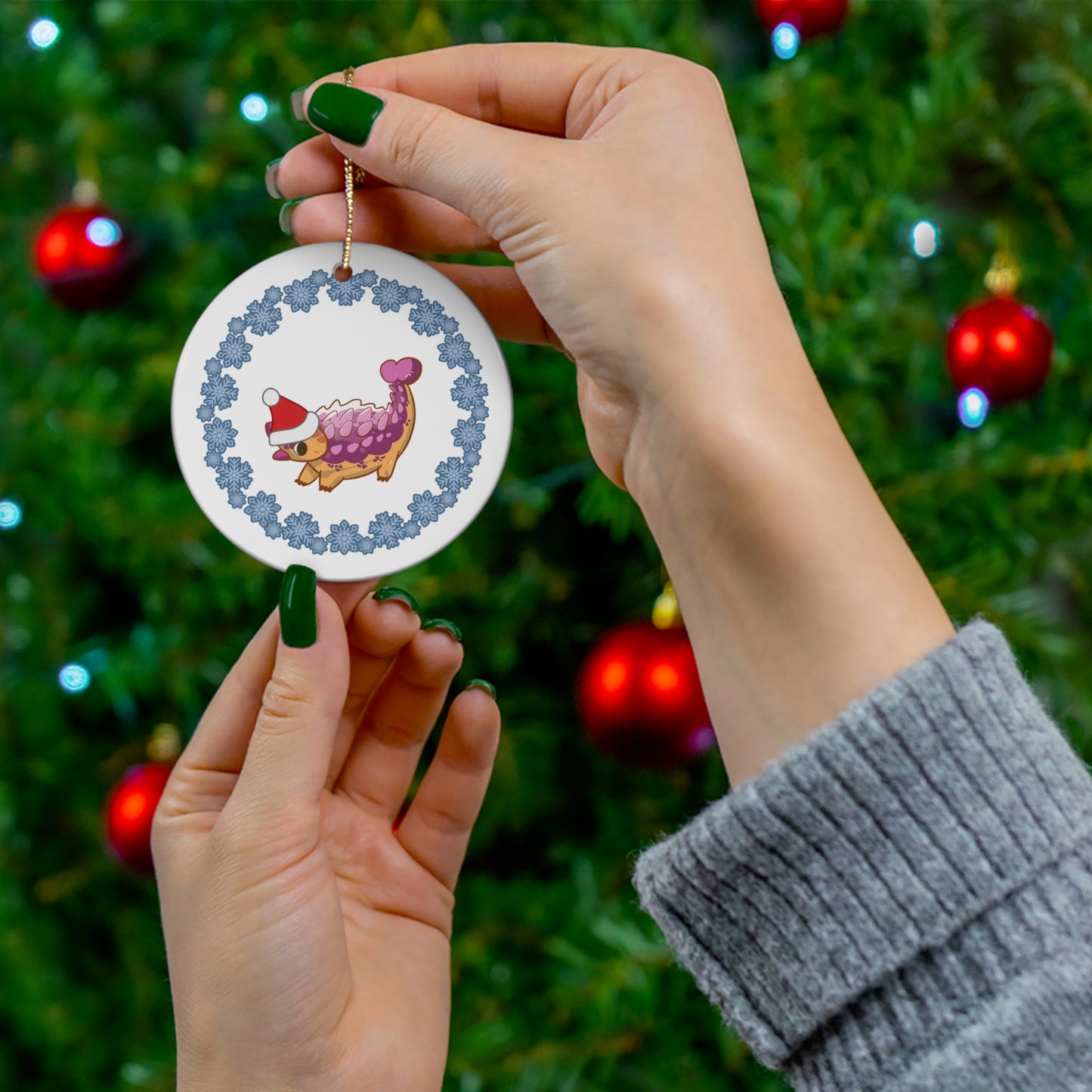 Holiday Lesbian Pride Ankylosaurus Ceramic Ornament - Snowflake Edition