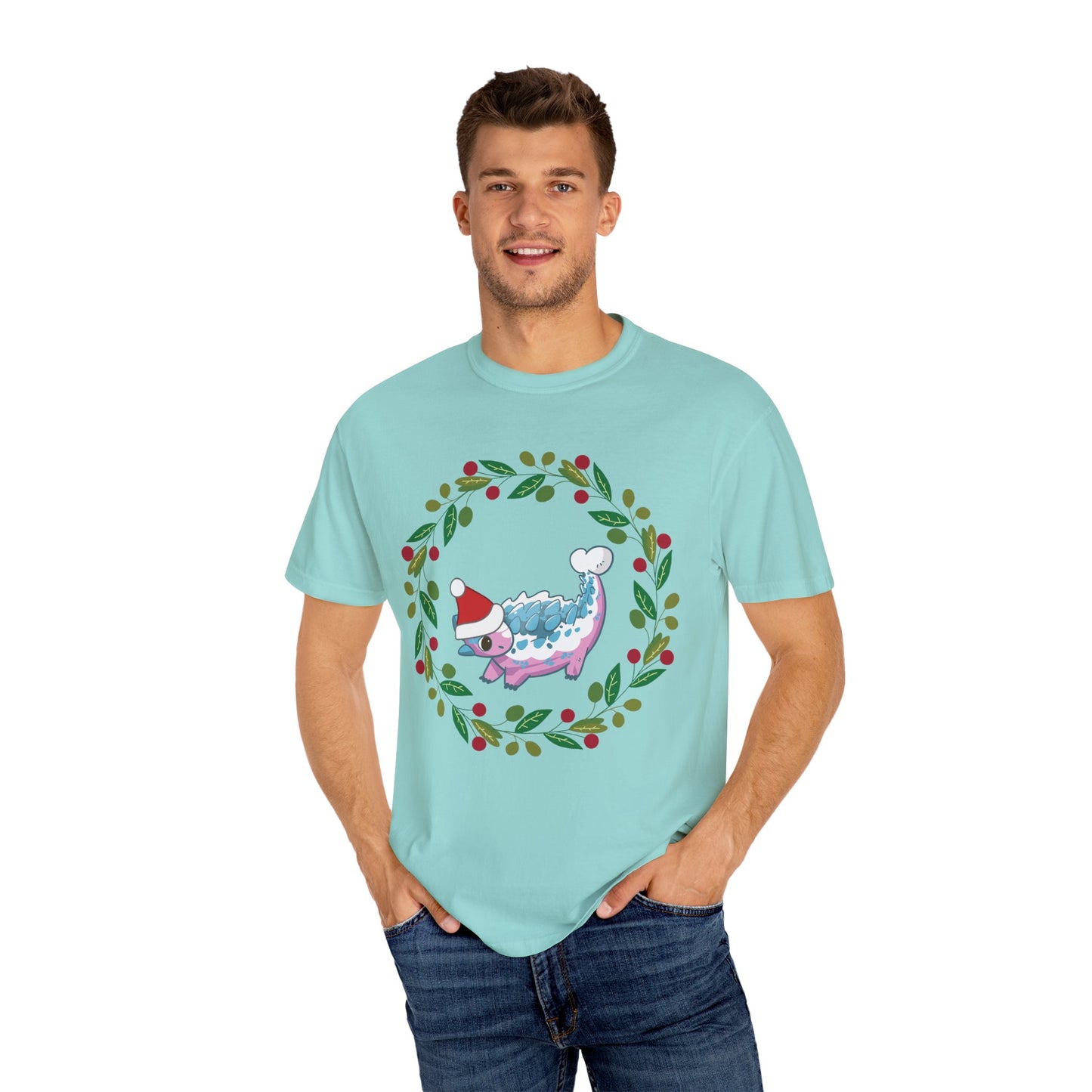 Trans Pride Holiday Ankylosaurus T-Shirt - Festive Wreath Edition