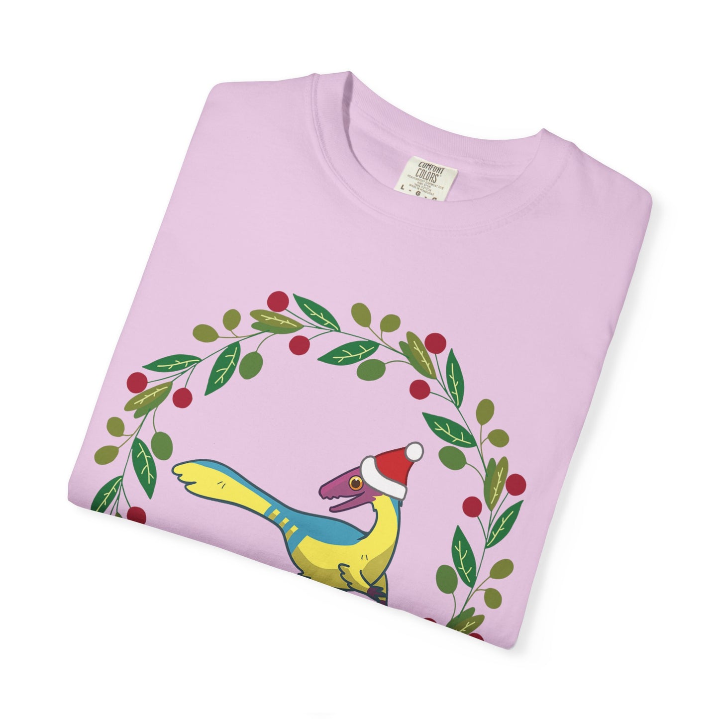 Pansexual Pride Holiday Compsognathus T-Shirt - Festive Wreath Edition