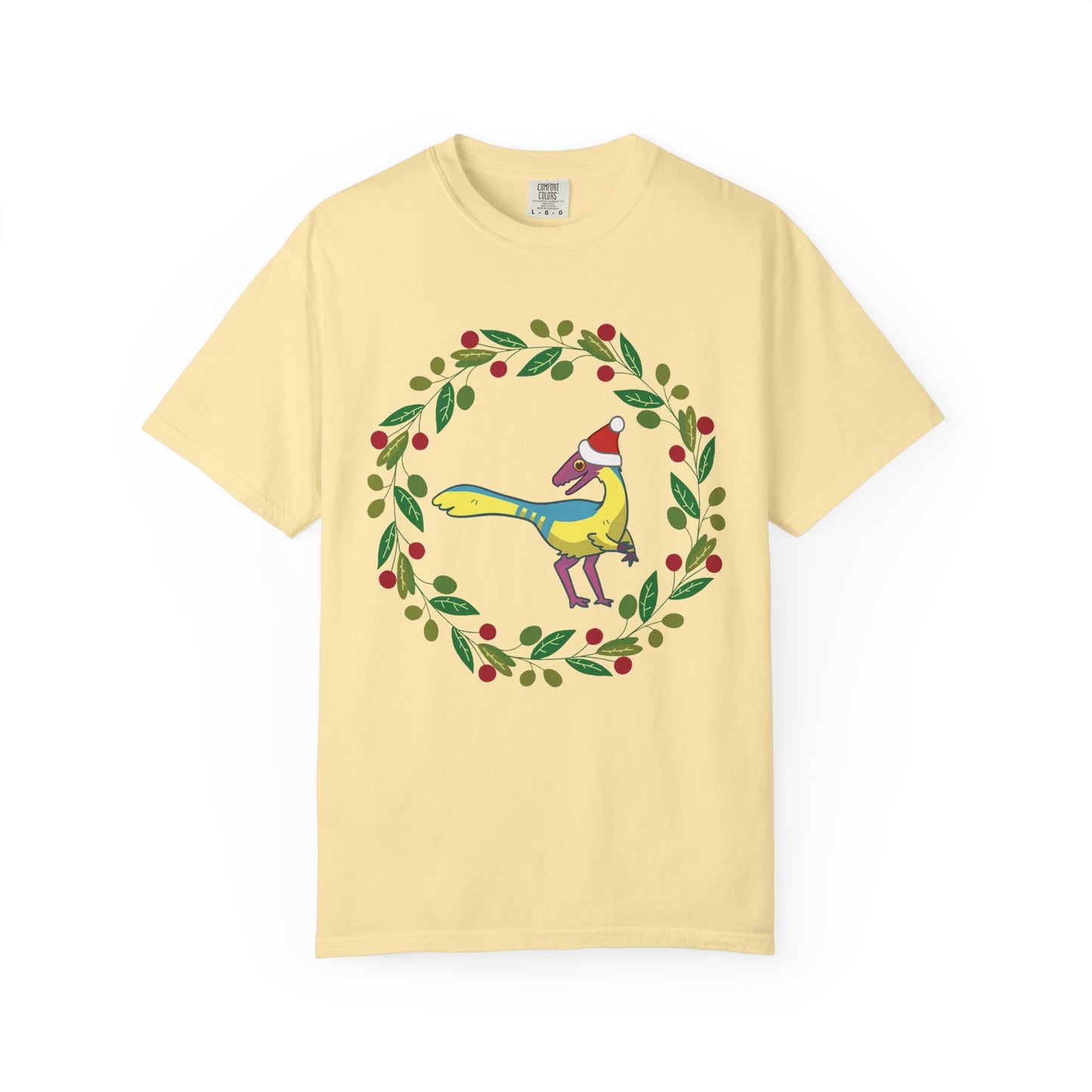 Pansexual Pride Holiday Compsognathus T-Shirt - Festive Wreath Edition