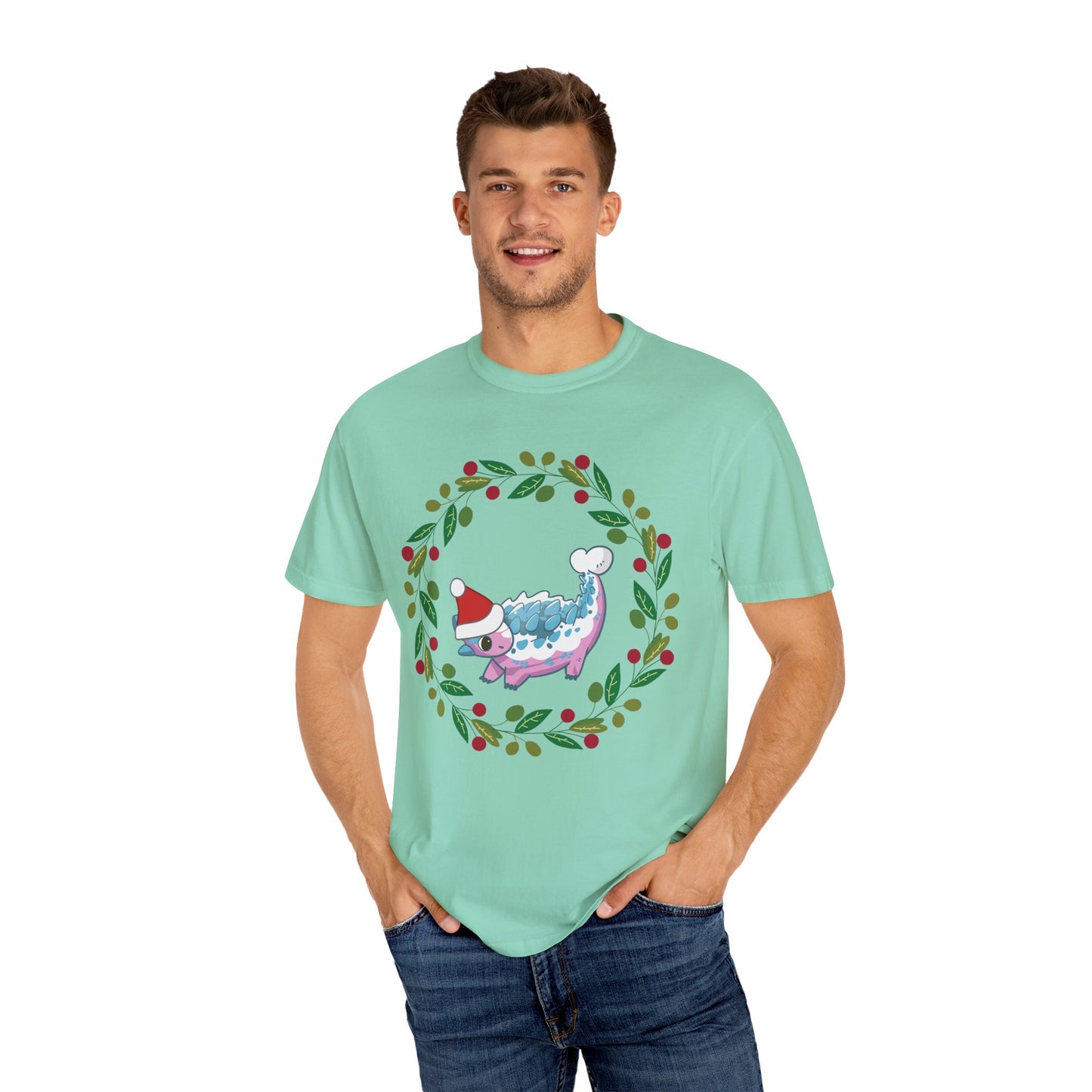 Trans Pride Holiday Ankylosaurus T-Shirt - Festive Wreath Edition