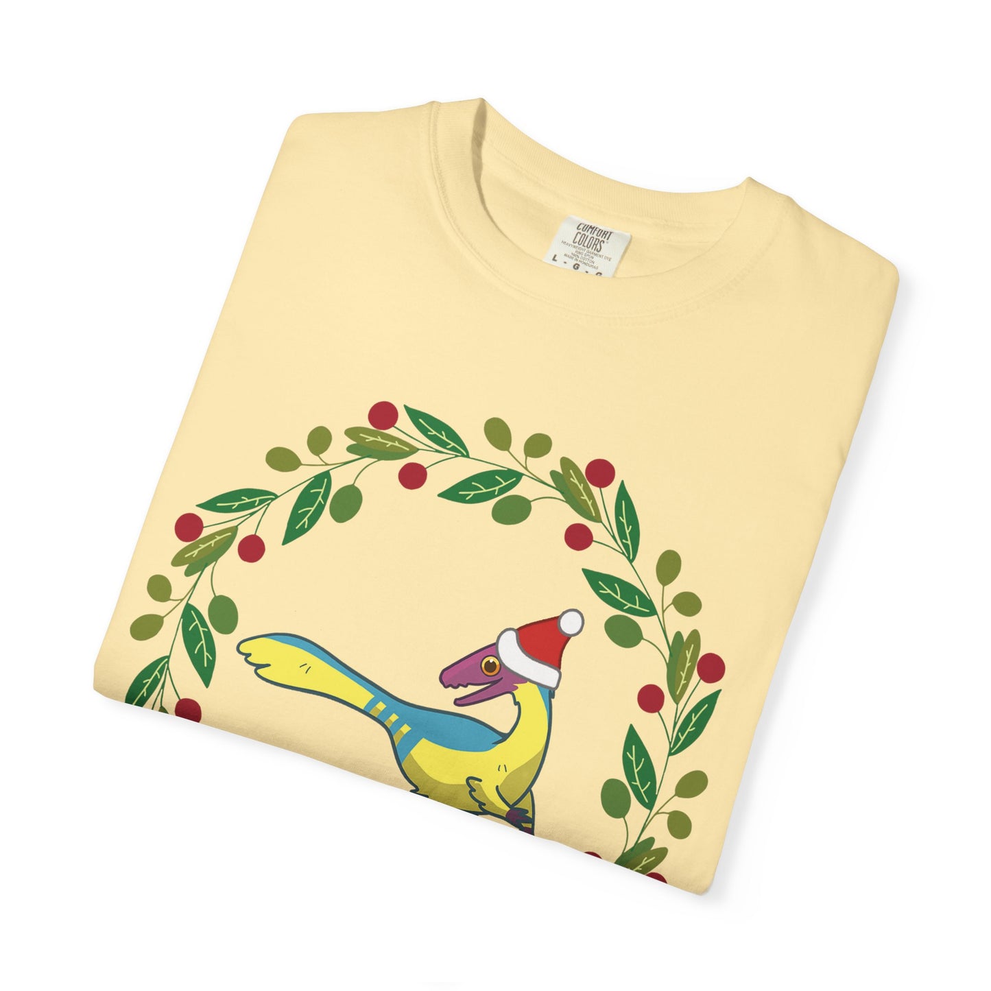 Pansexual Pride Holiday Compsognathus T-Shirt - Festive Wreath Edition