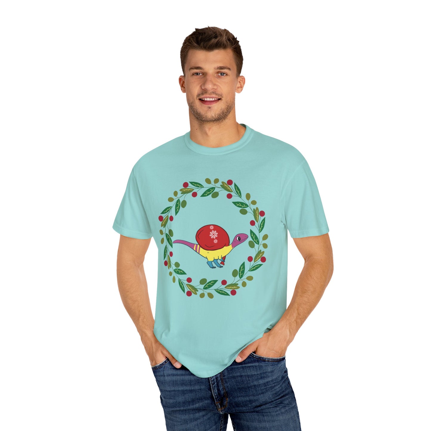 Pansexual Pride Holiday Coelophysis T-Shirt - Festive Wreath Edition