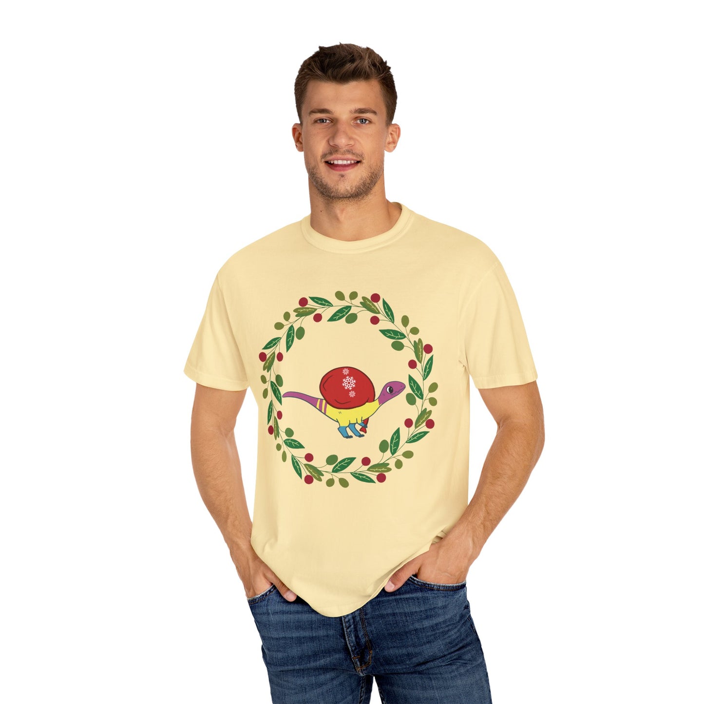Pansexual Pride Holiday Coelophysis T-Shirt - Festive Wreath Edition