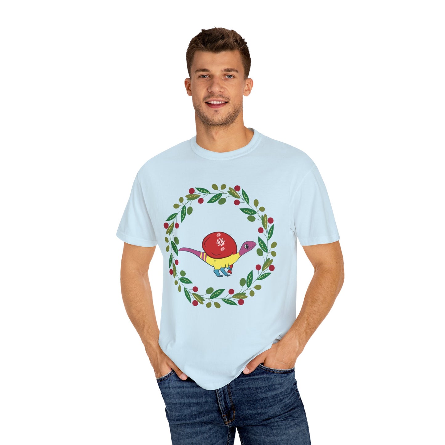 Pansexual Pride Holiday Coelophysis T-Shirt - Festive Wreath Edition
