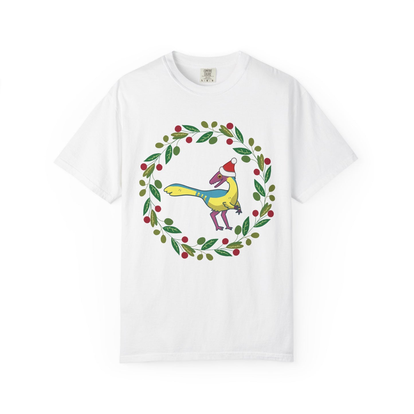 Pansexual Pride Holiday Compsognathus T-Shirt - Festive Wreath Edition