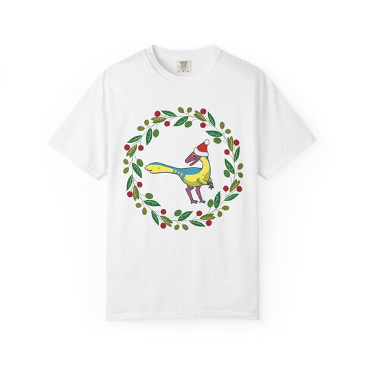 Pansexual Pride Holiday Compsognathus T-Shirt - Festive Wreath Edition