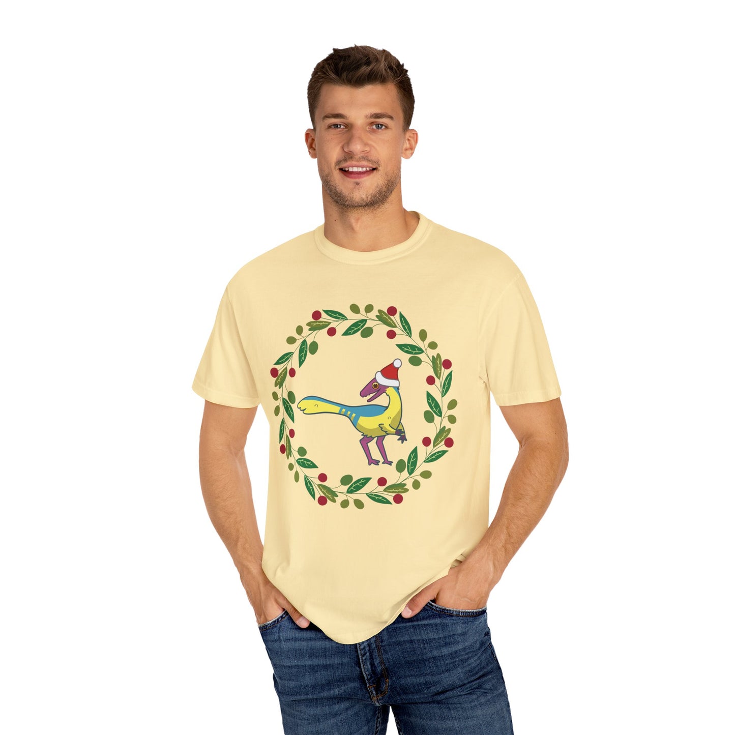Pansexual Pride Holiday Compsognathus T-Shirt - Festive Wreath Edition