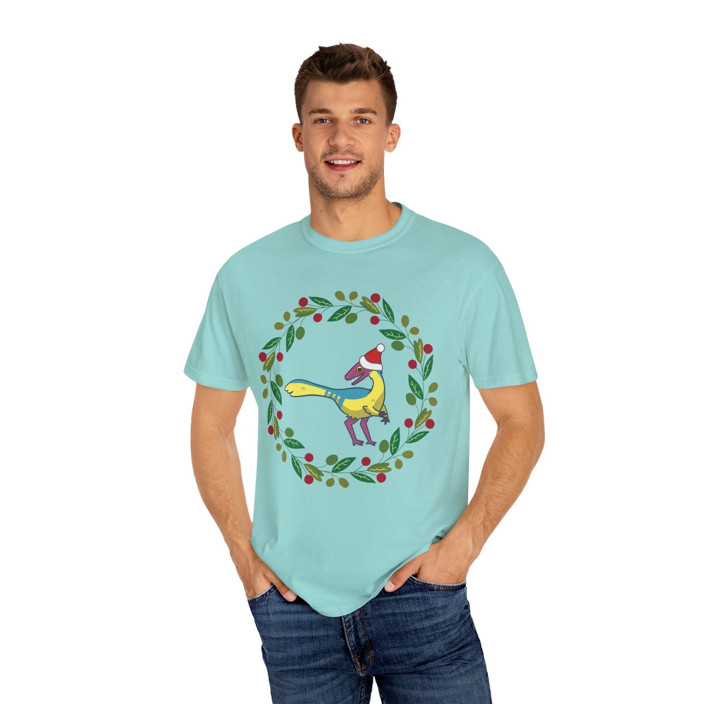 Pansexual Pride Holiday Compsognathus T-Shirt - Festive Wreath Edition