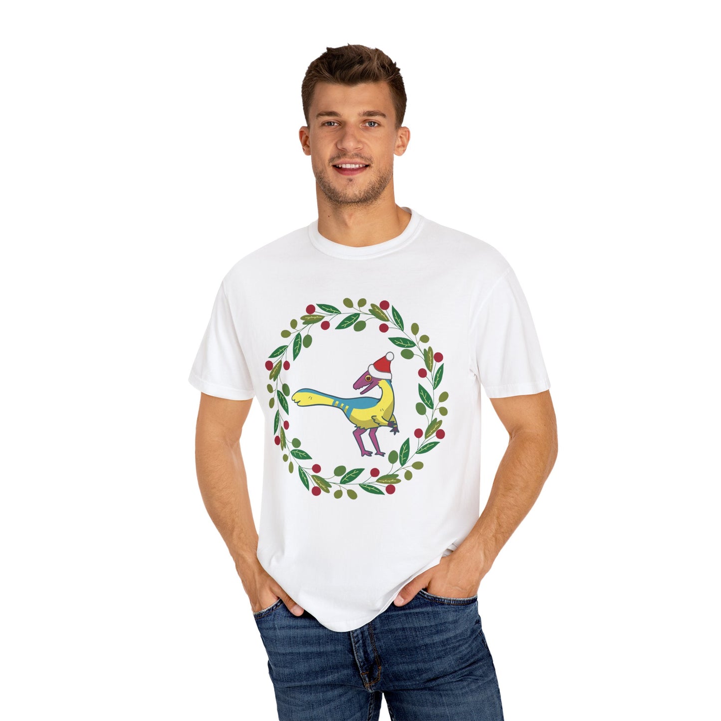 Pansexual Pride Holiday Compsognathus T-Shirt - Festive Wreath Edition
