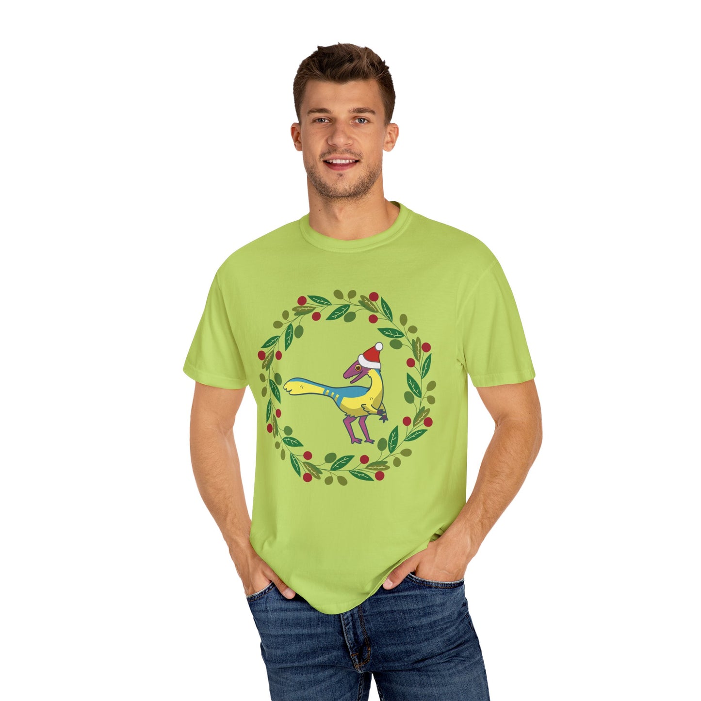 Pansexual Pride Holiday Compsognathus T-Shirt - Festive Wreath Edition