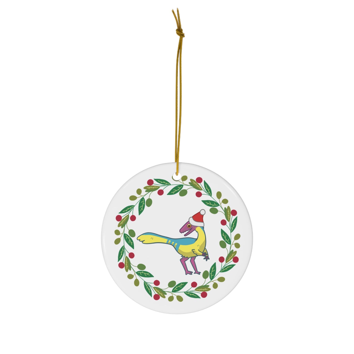 Holiday Pansexual Pride Compsognathus Ceramic Ornament - Wreath Edition