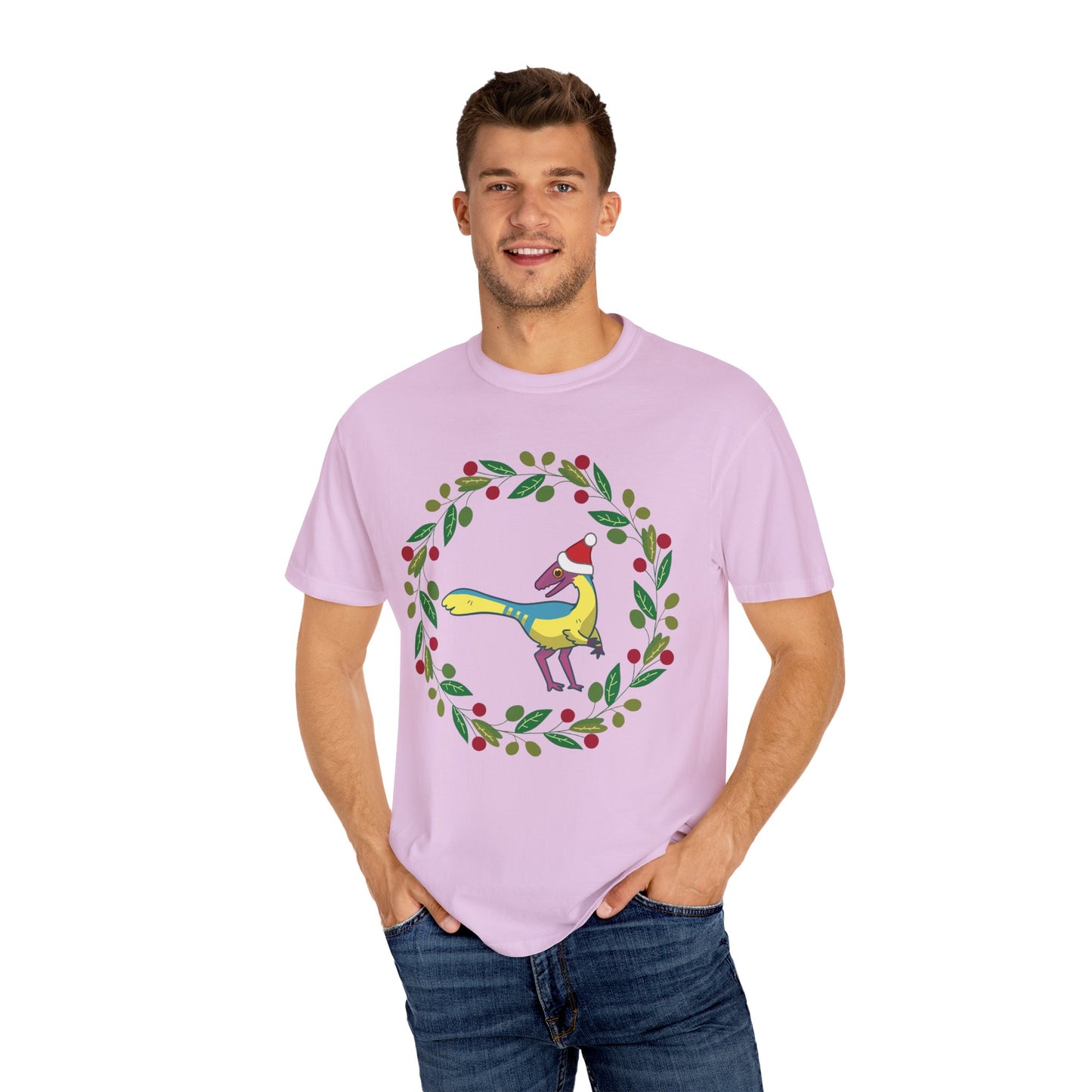 Pansexual Pride Holiday Compsognathus T-Shirt - Festive Wreath Edition