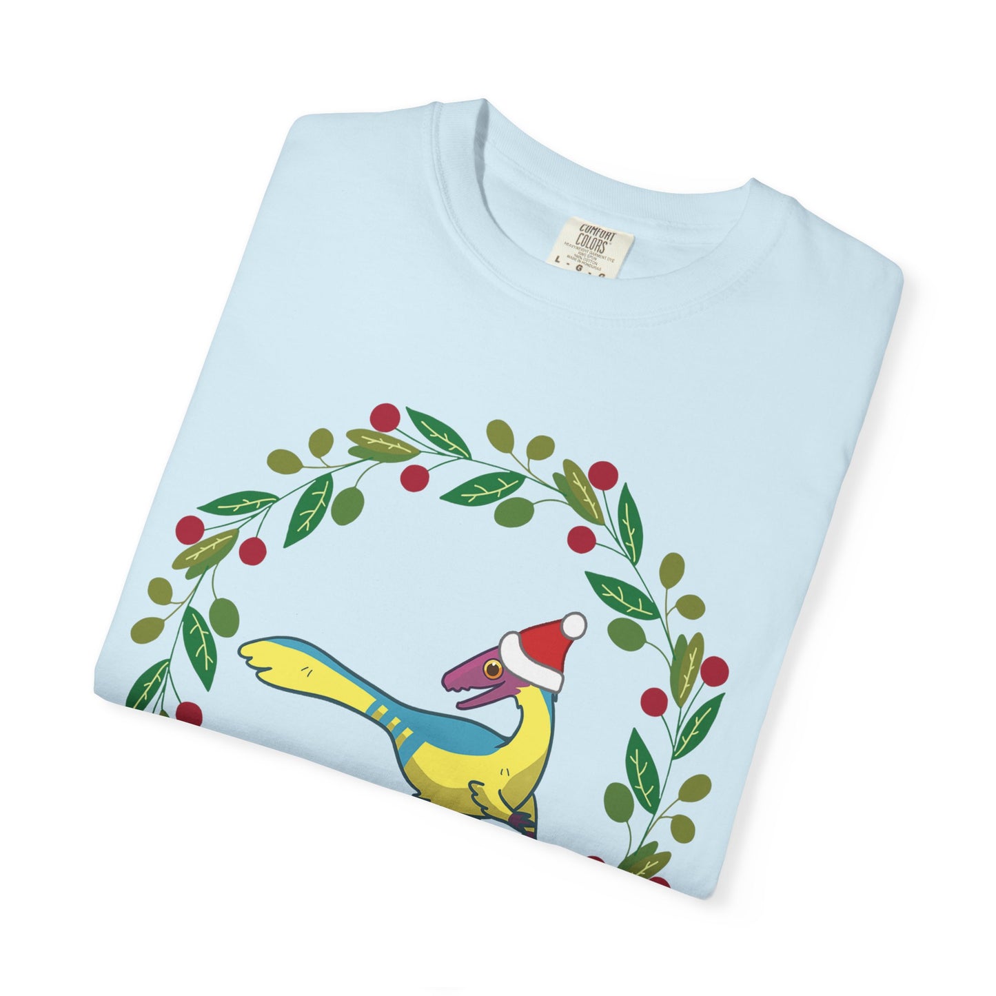 Pansexual Pride Holiday Compsognathus T-Shirt - Festive Wreath Edition
