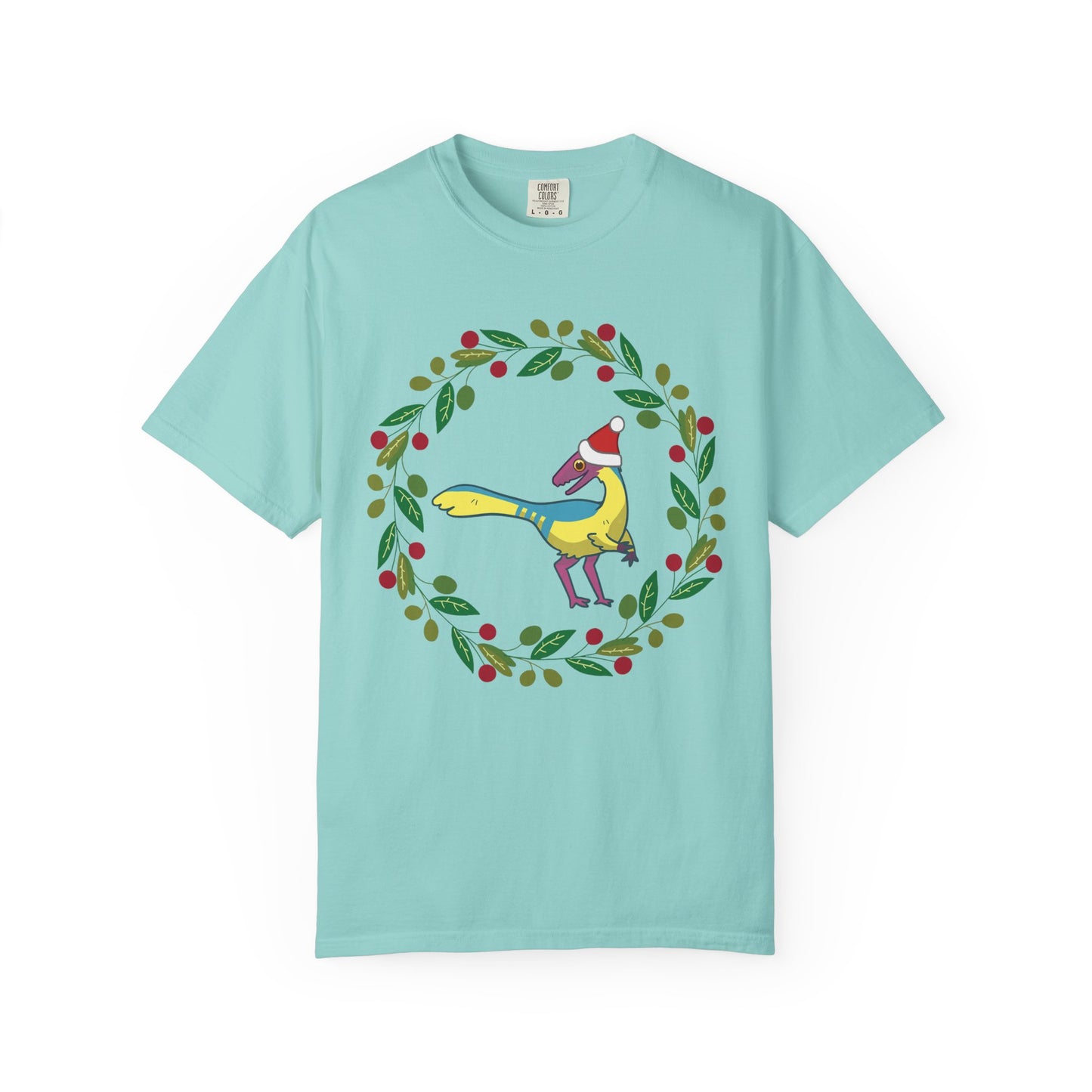 Pansexual Pride Holiday Compsognathus T-Shirt - Festive Wreath Edition