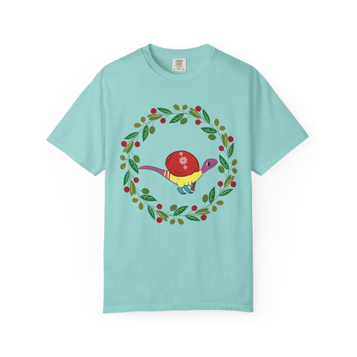 Pansexual Pride Holiday Coelophysis T-Shirt - Festive Wreath Edition