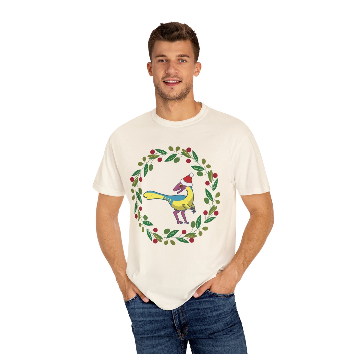 Pansexual Pride Holiday Compsognathus T-Shirt - Festive Wreath Edition