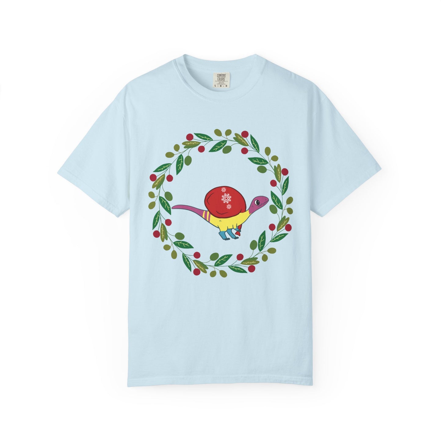 Pansexual Pride Holiday Coelophysis T-Shirt - Festive Wreath Edition