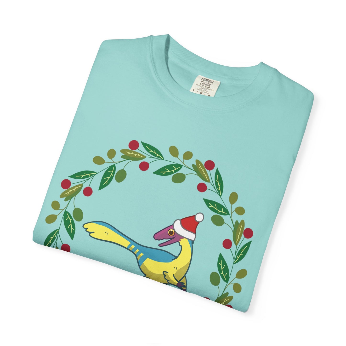 Pansexual Pride Holiday Compsognathus T-Shirt - Festive Wreath Edition
