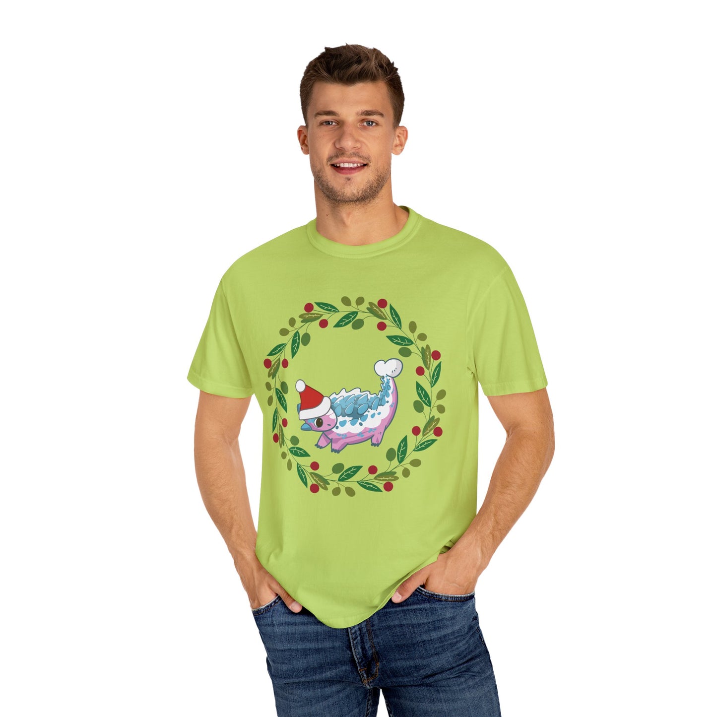 Trans Pride Holiday Ankylosaurus T-Shirt - Festive Wreath Edition