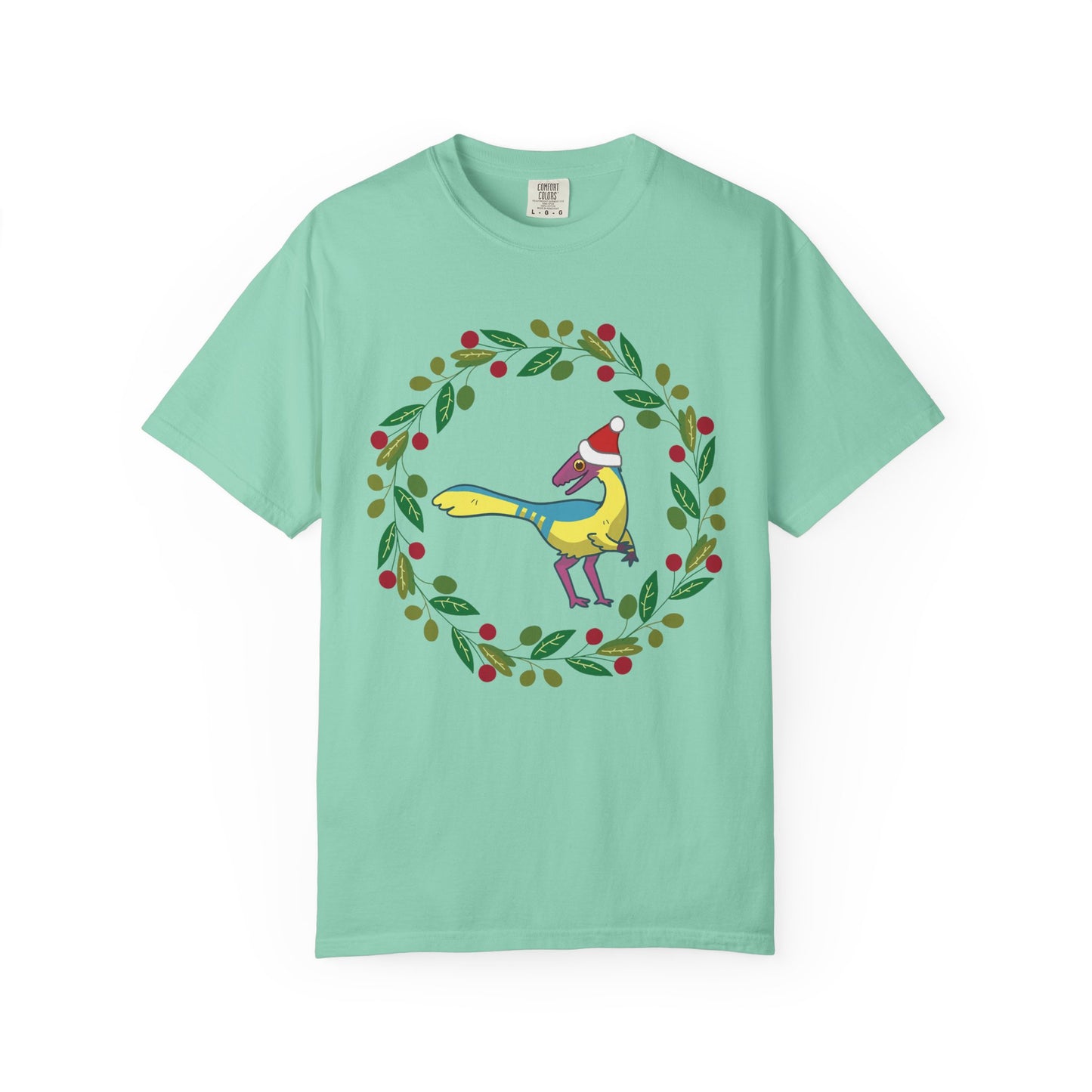 Pansexual Pride Holiday Compsognathus T-Shirt - Festive Wreath Edition